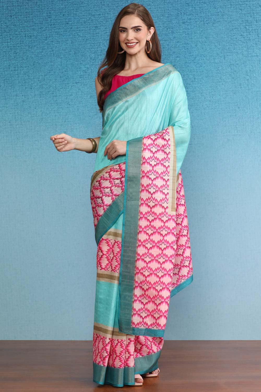 Chevron Striped Digital Printed Color Blocked Saree