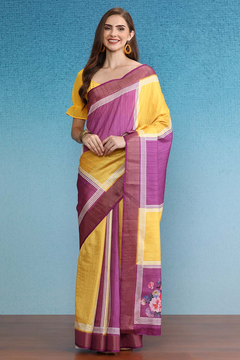 Color Blocked Zari Border Printed Silk Saree