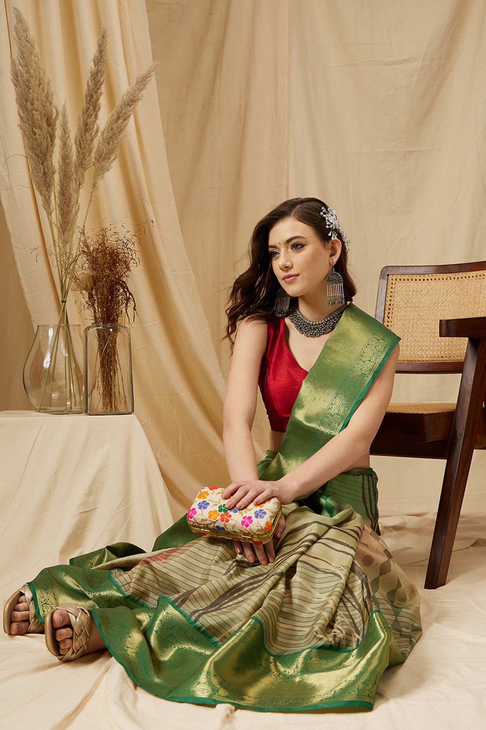 Multicolor Tusser Soft Silk Stripe Saree