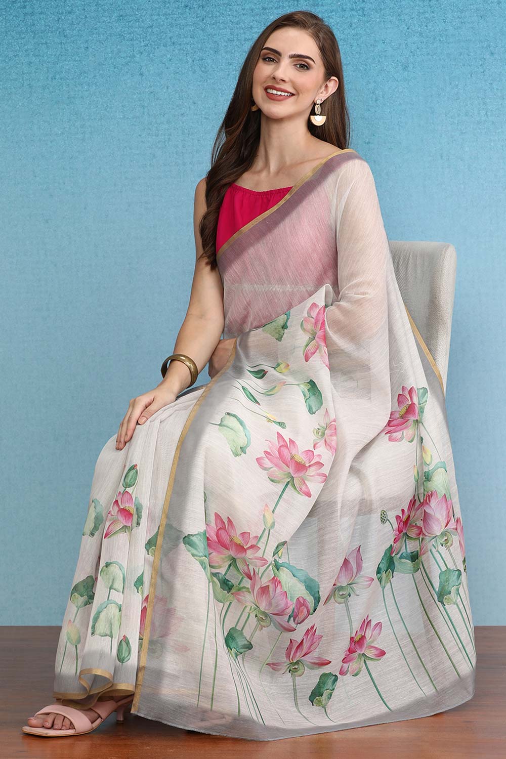 Beige Chanderi Cotton Digital Printed Saree