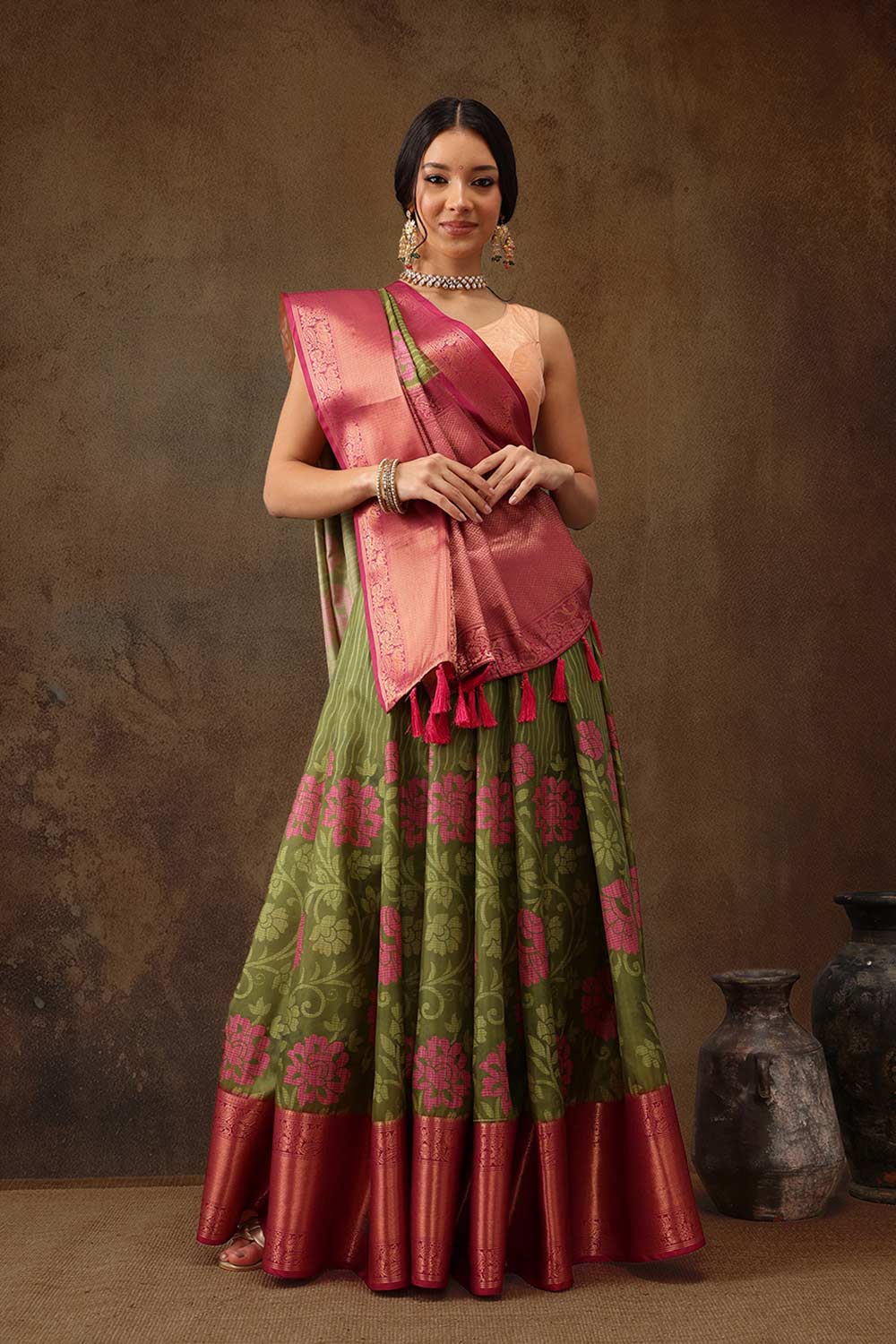 Olive Kanjeevaram Silk Floral Saree