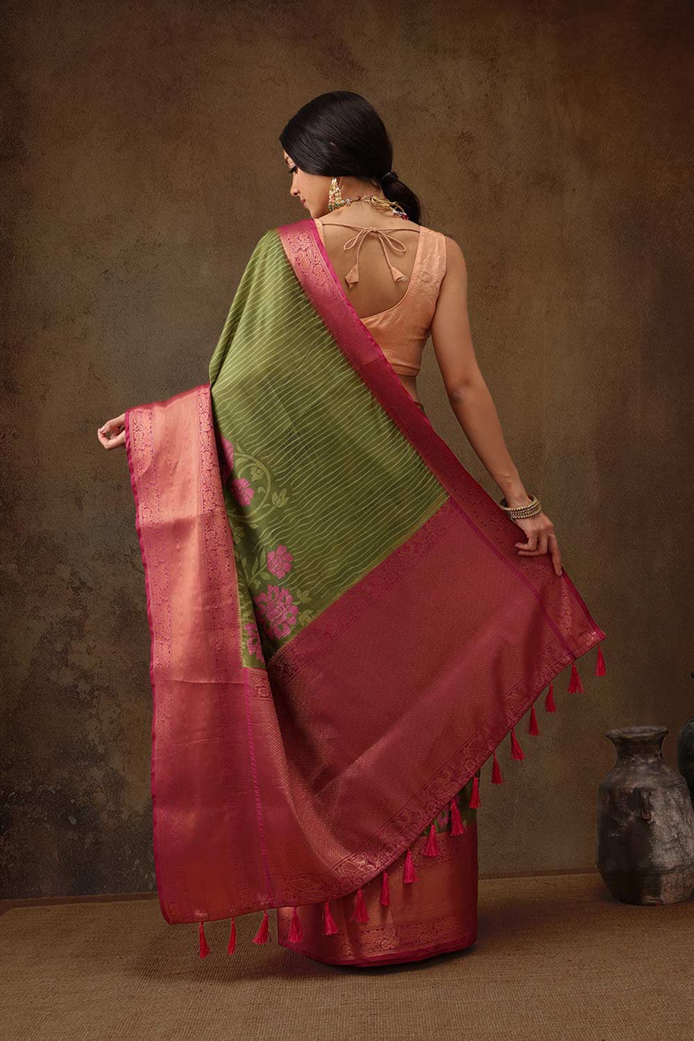 Olive Kanjeevaram Silk Floral Saree