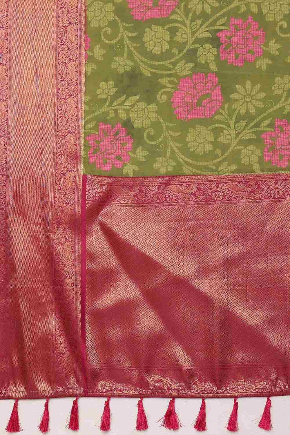 Olive Kanjeevaram Silk Floral Saree