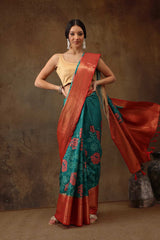 Teal Kanjeevaram Silk Floral Saree