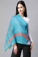 Women's Teal Printed Cotton Blend Scarves