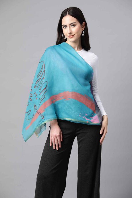 Women's Teal Printed Cotton Blend Scarves