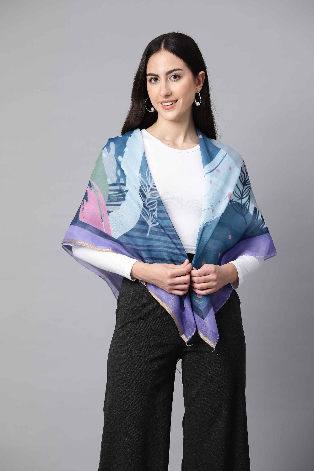 Women's Grey Printed Cotton Blend Scarves