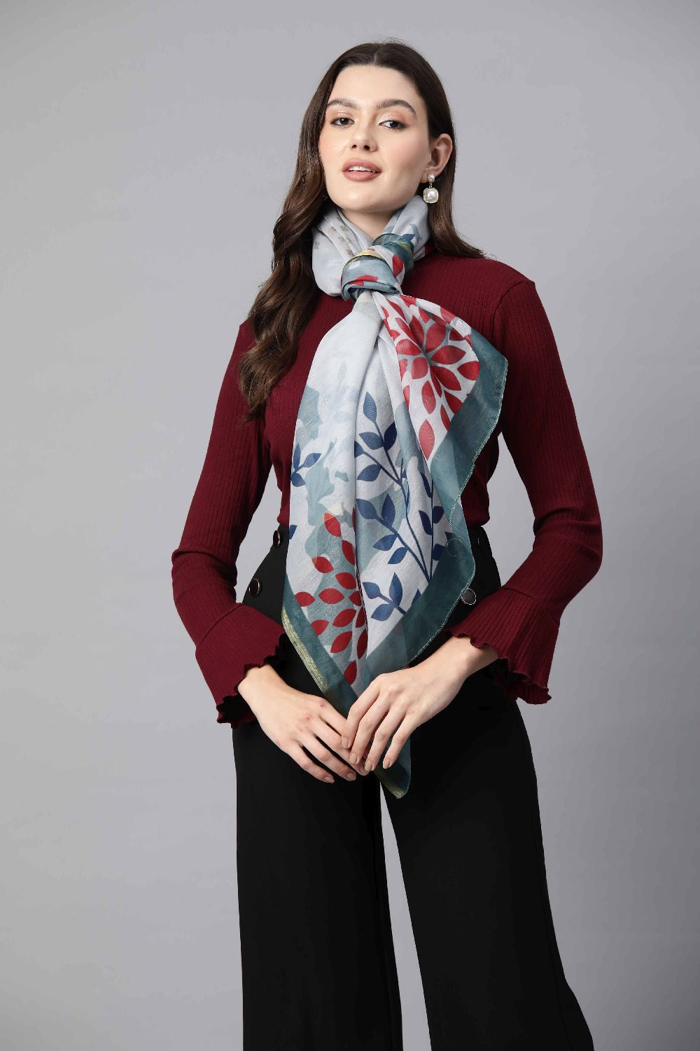 Women's Grey Cotton Blend Printed Scarves