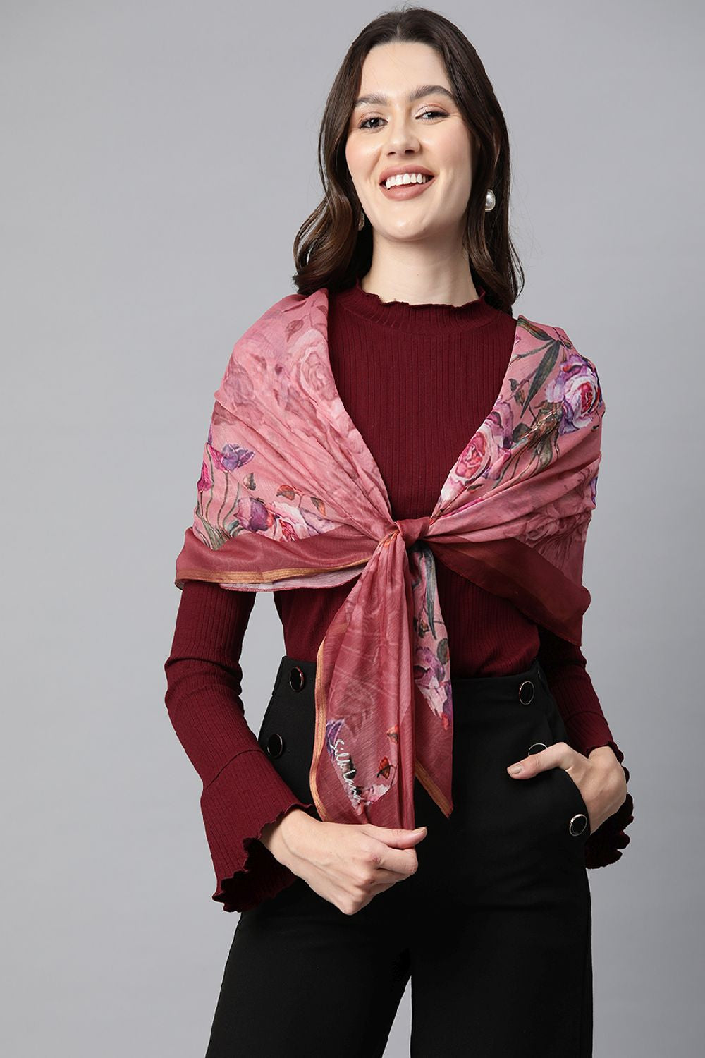 Women's Maroon Printed Scarves