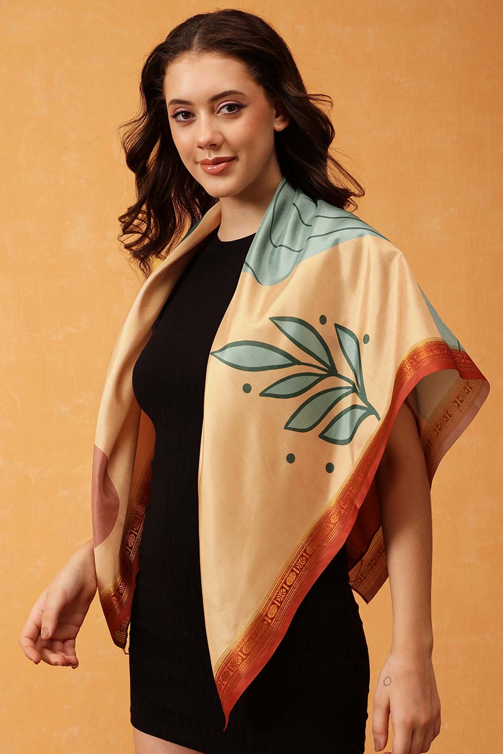 Beige Printed Silk Scarf