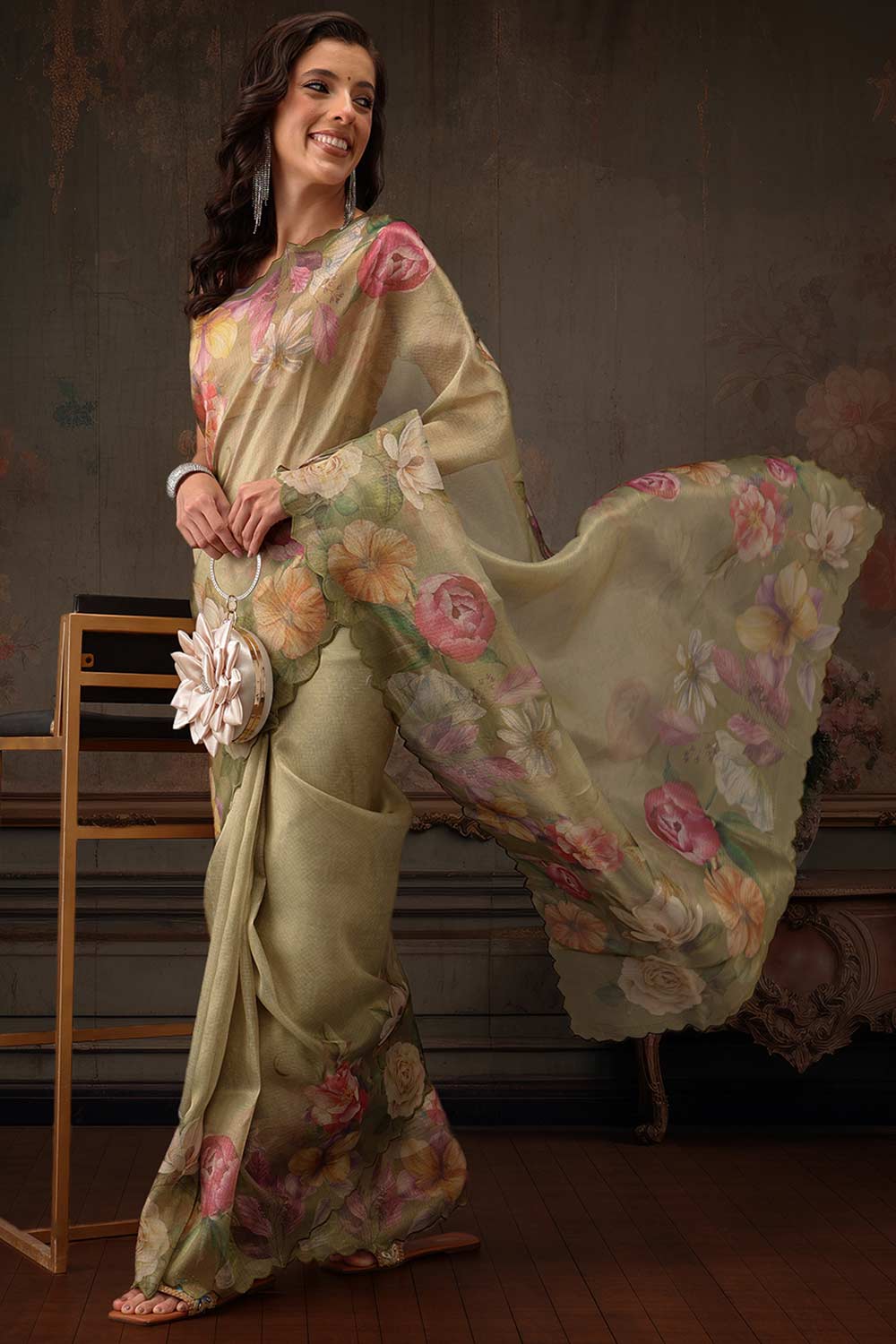 Olive Tissue Digital Printed Floral Saree