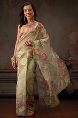 Olive Tissue Digital Printed Floral Saree