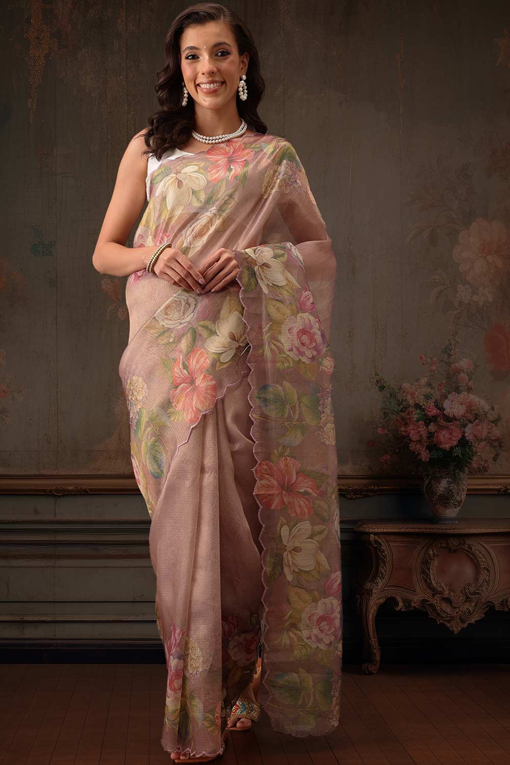 Peach Tissue Digital Printed Floral Saree