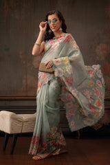 Teal Tissue Digital Printed Floral Saree