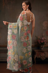 Teal Tissue Digital Printed Floral Saree