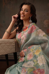 Teal Tissue Digital Printed Floral Saree