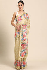 Women's Beige Cotton Silk Digital Print Saree