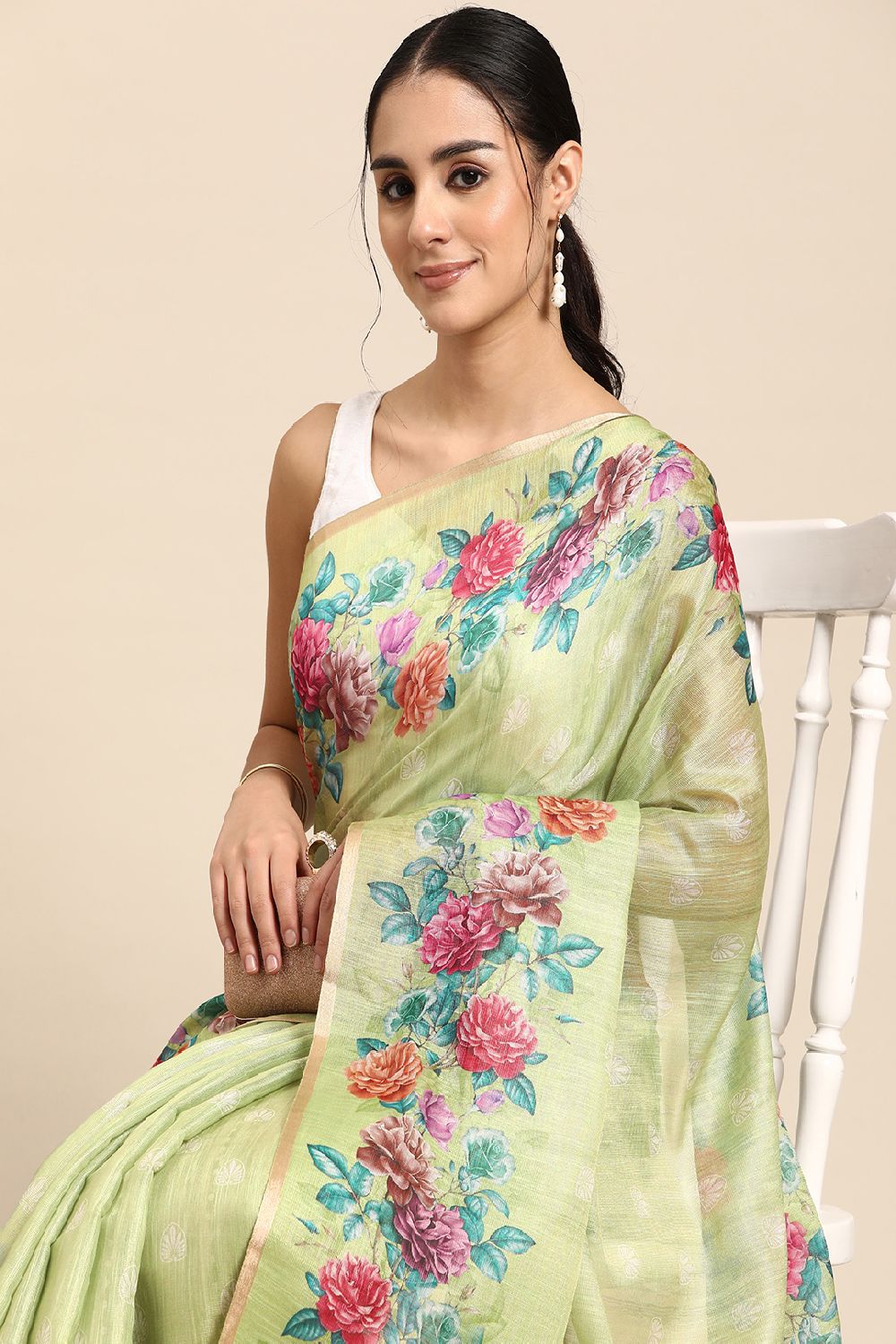 Women's Olive Cotton Silk Digital Saree