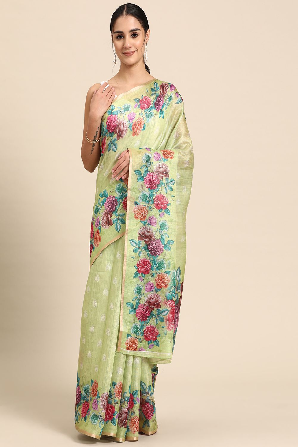 Women's Olive Cotton Silk Digital Saree