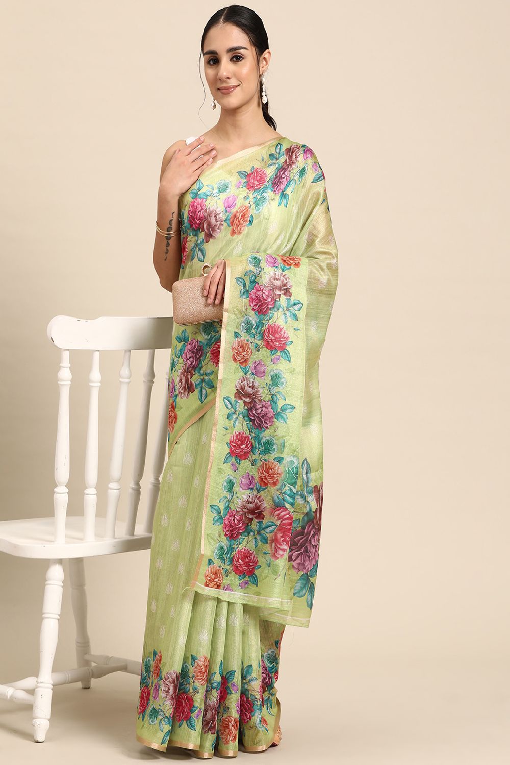 Women's Olive Cotton Silk Digital Saree