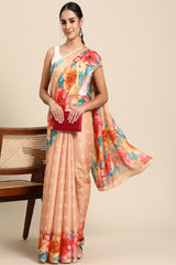 Women's Peach Cotton Silk Floral Digital Print Saree