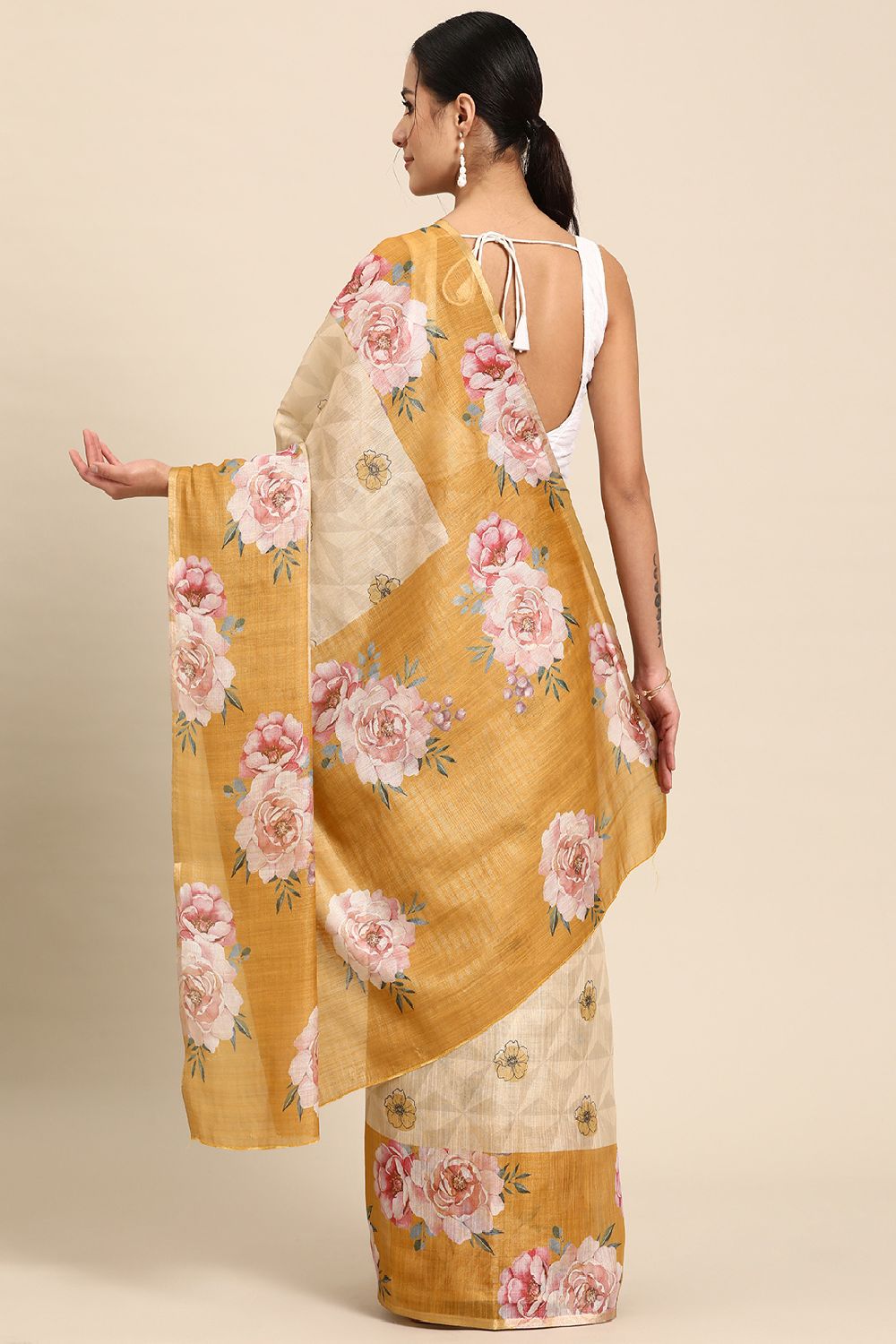 Women's Beige Cotton Silk Floral Saree