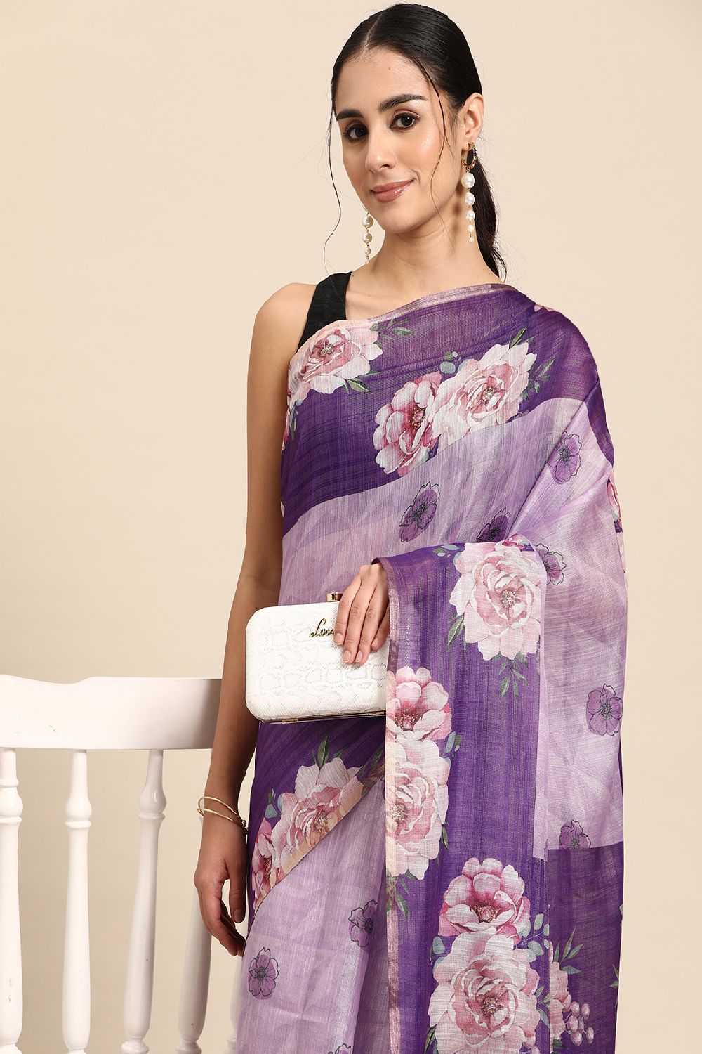 Women's Lavender Cotton Silk Floral Saree