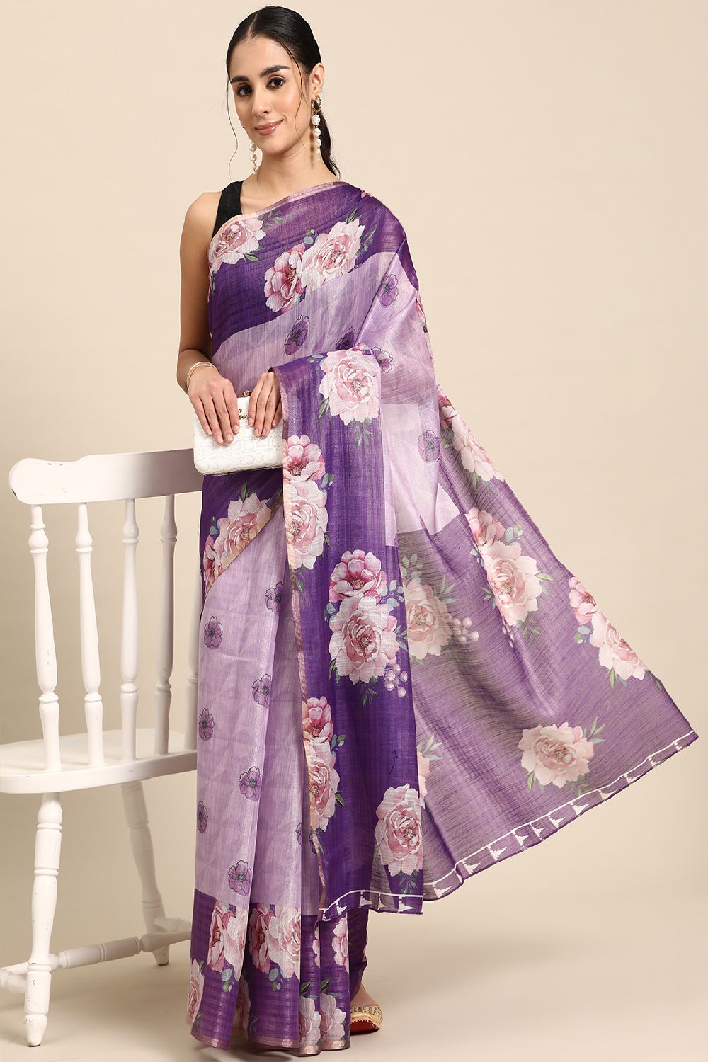 Women's Lavender Cotton Silk Floral Saree