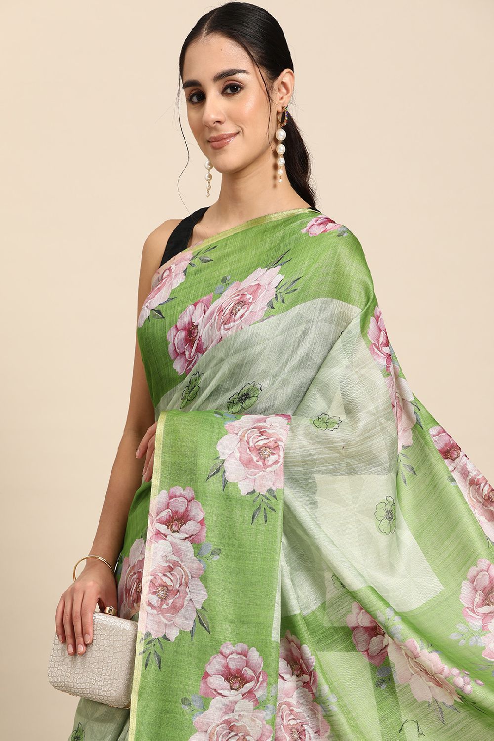 Women's Olive Cotton Silk Floral Saree