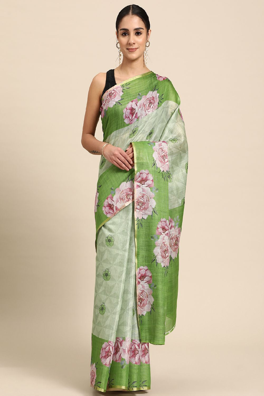 Women's Olive Cotton Silk Floral Saree