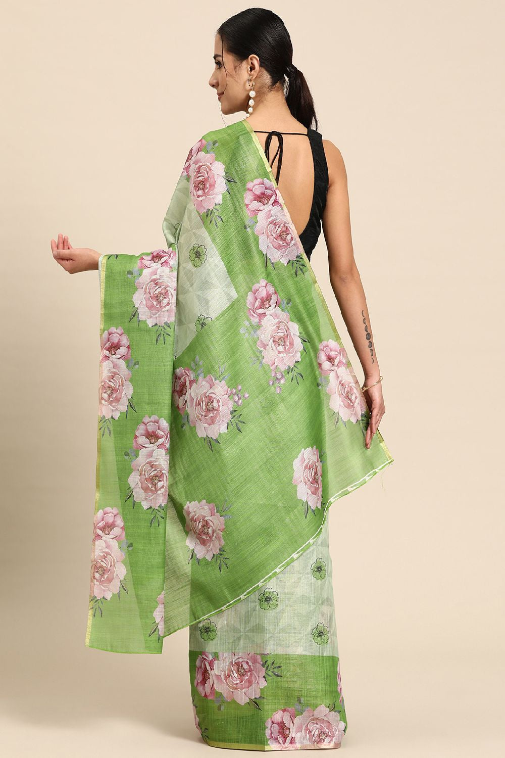 Women's Olive Cotton Silk Floral Saree