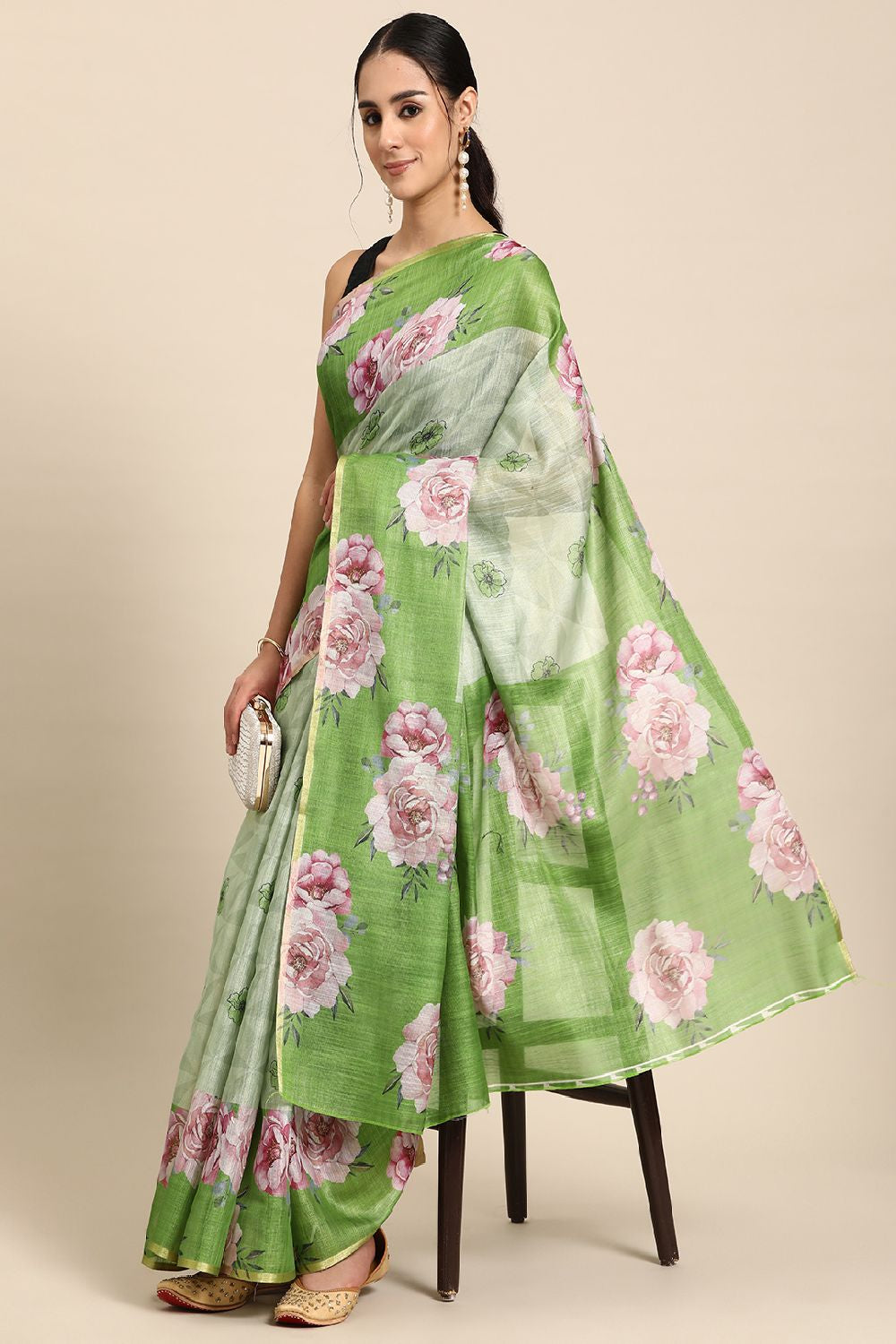 Women's Olive Cotton Silk Floral Saree