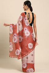 Women's Peach Cotton Silk Floral Saree