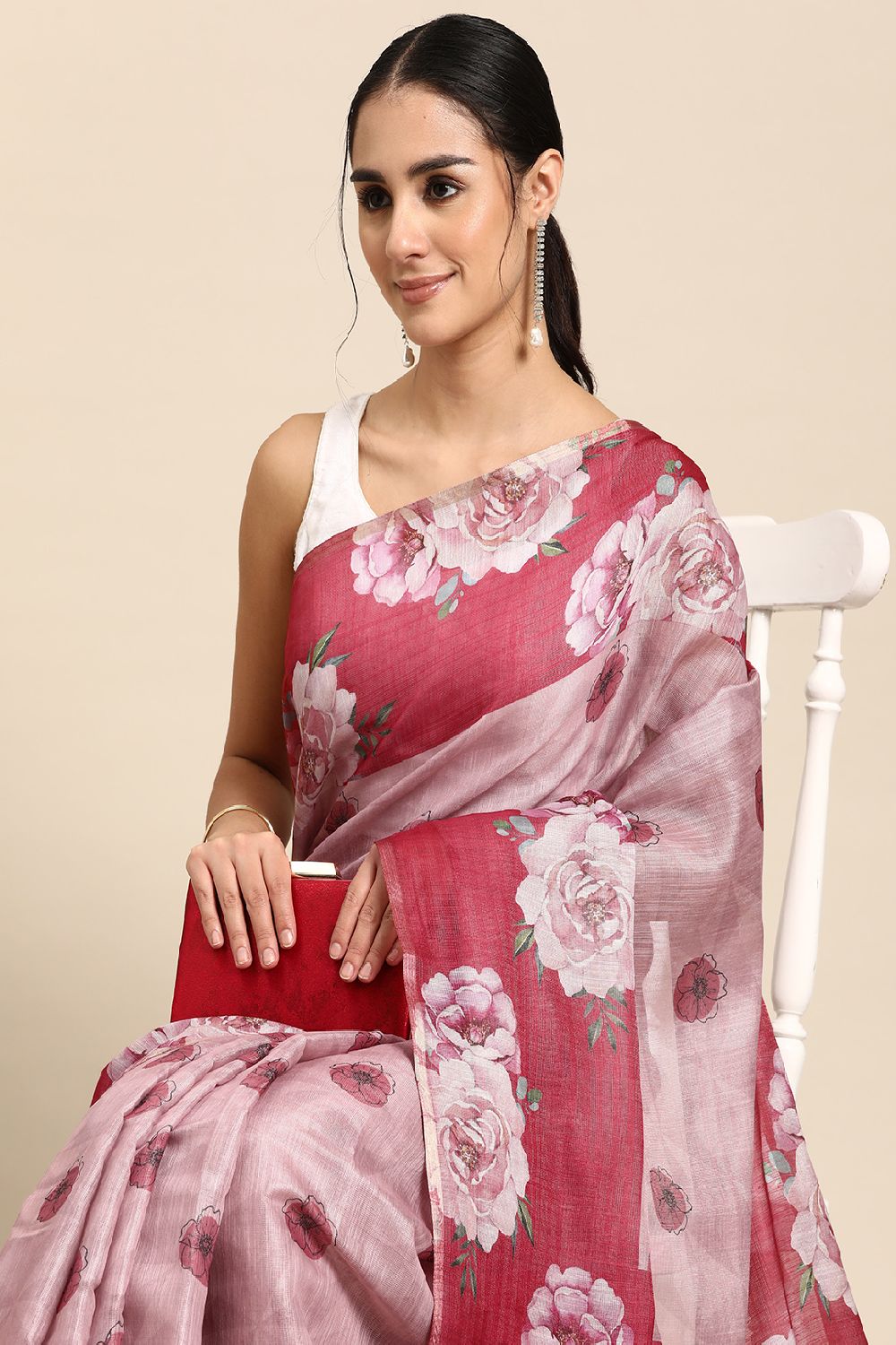 Women's Pink Cotton Silk Floral Saree