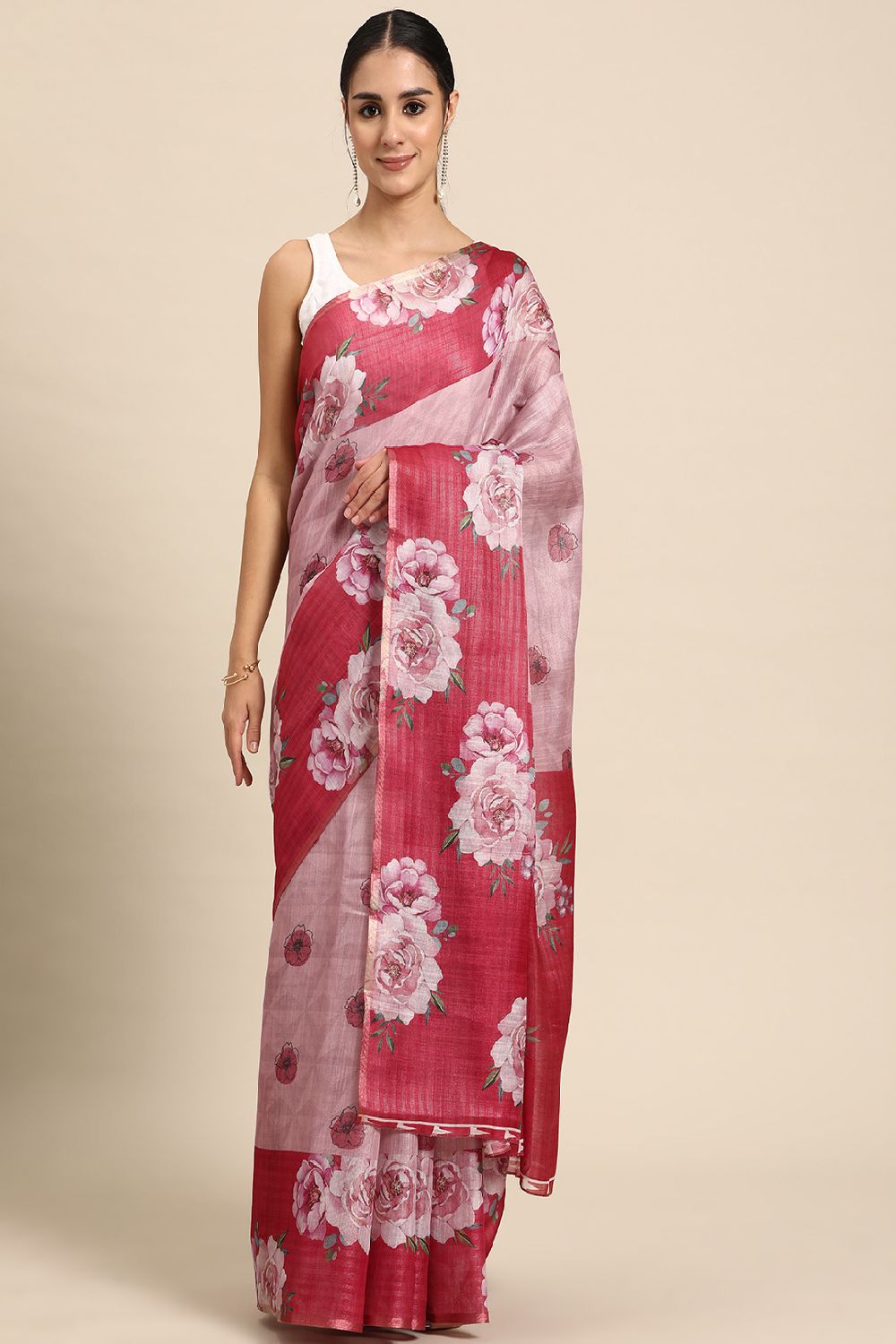 Women's Pink Cotton Silk Floral Saree