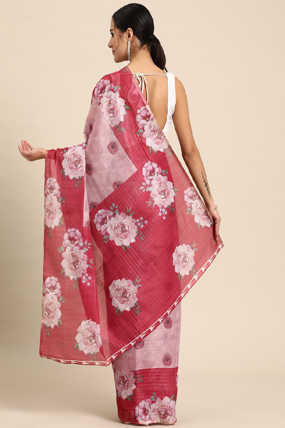 Women's Pink Cotton Silk Floral Saree