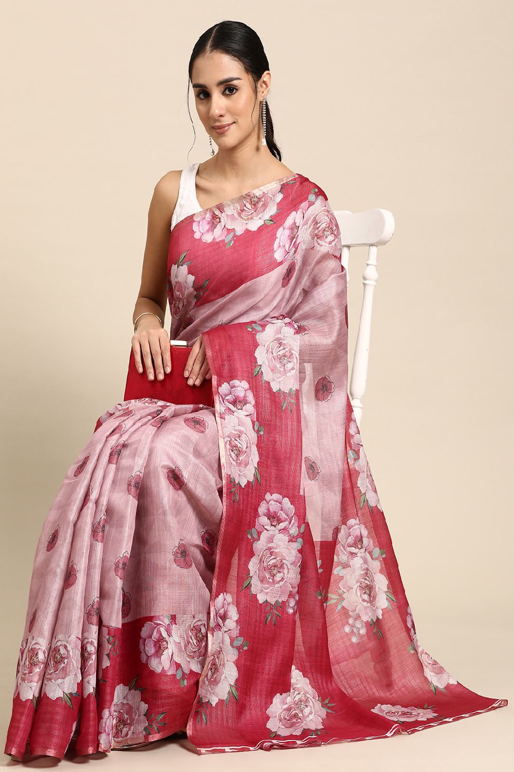 Women's Pink Cotton Silk Floral Saree