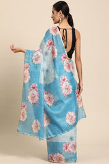 Women's Teal Cotton Silk Floral Saree