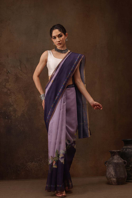 Lavender Cotton Blend Floral Printed Saree