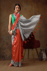 Orange Soft Silk Stripe Saree