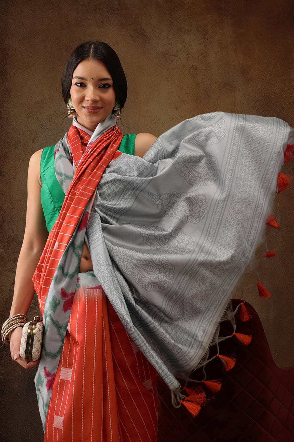 Orange Soft Silk Stripe Saree