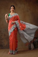 Orange Soft Silk Stripe Saree