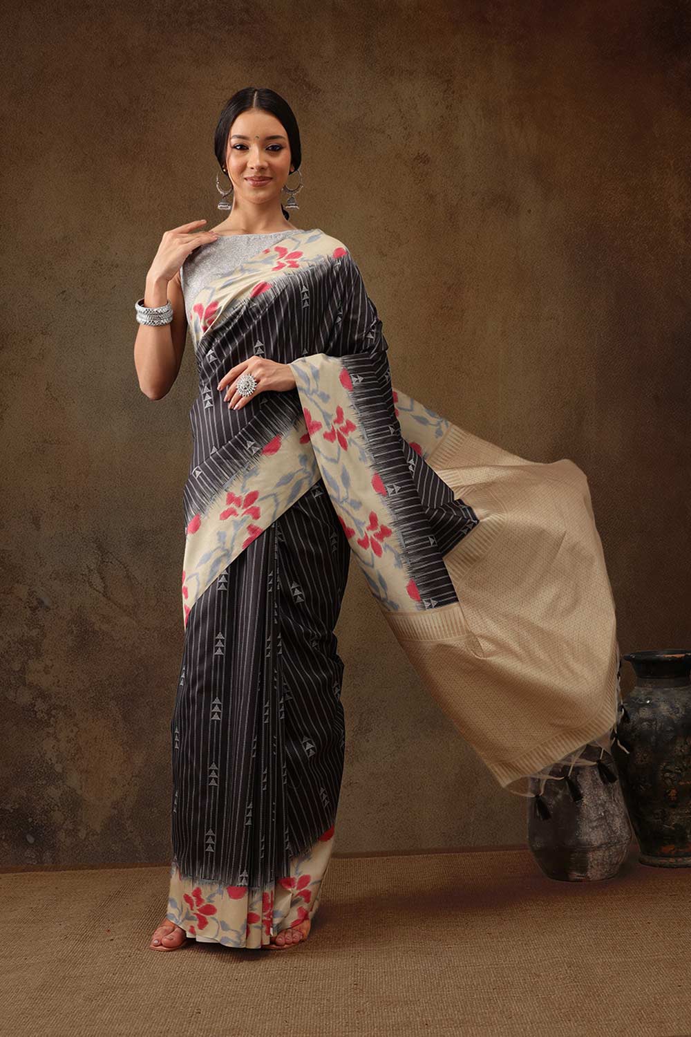 Black Soft Silk Stripe Saree