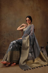 Grey Munga Silk Floral Saree