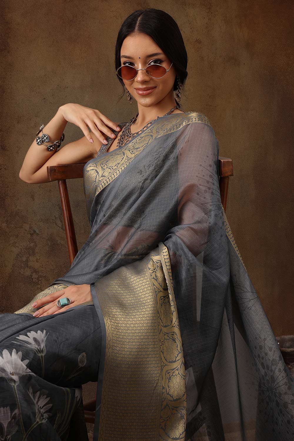 Grey Munga Silk Floral Saree