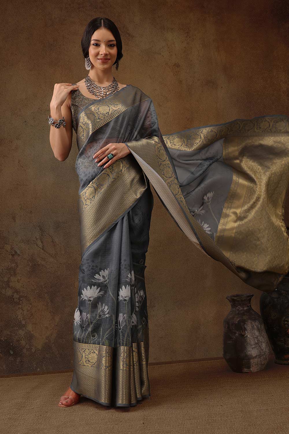 Grey Munga Silk Floral Saree