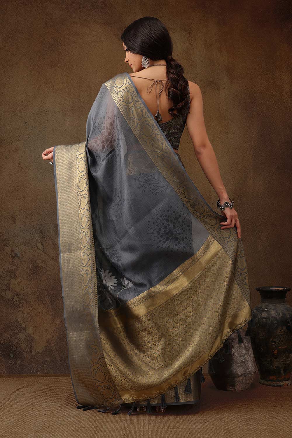 Grey Munga Silk Floral Saree