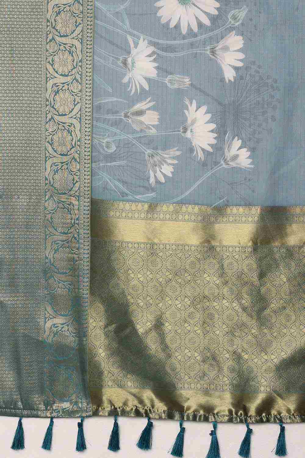 Teal Munga Silk Floral Saree