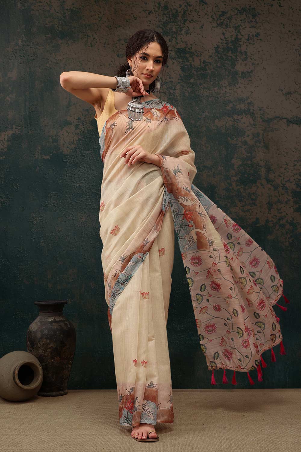 Beige Cotton Blend Printed Saree