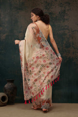 Beige Cotton Blend Printed Saree